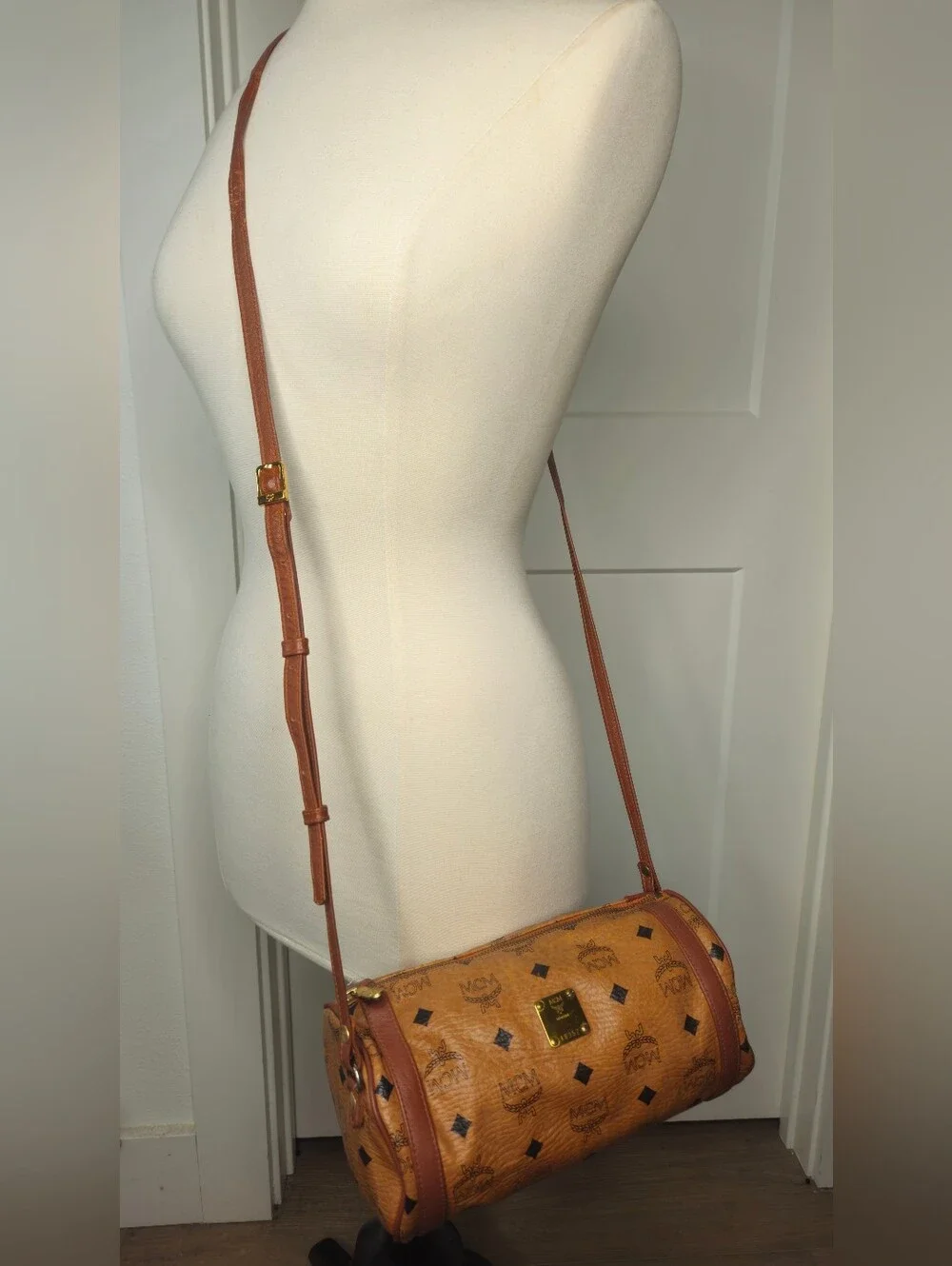 Authentic MCM Monogram Cognac Klassik Visetos Crossbody Barrel Bag
